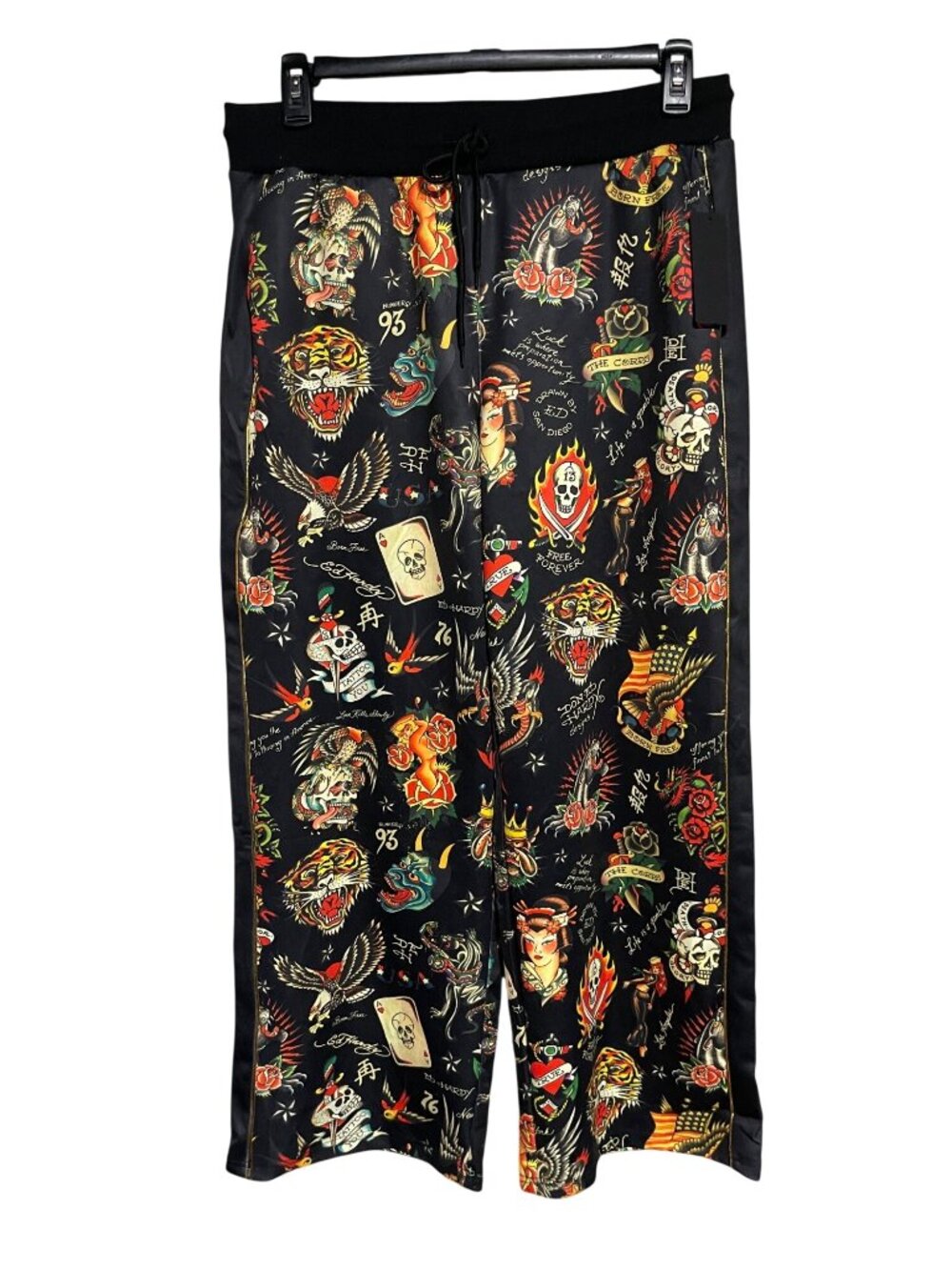 Ed Hardy Womens  Tattoo Print Track Pants Black Satin Drawstring Size L